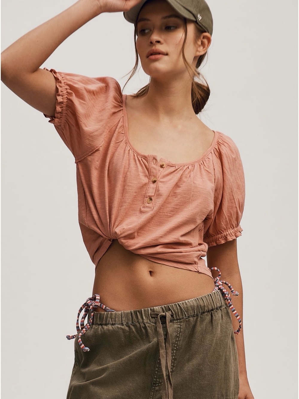 Pilcro Puff-Sleeve Scoop-Neck Henley Tee Raspberry